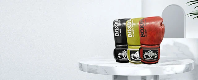 Professional boxing equipment including rings, gloves and sandbags